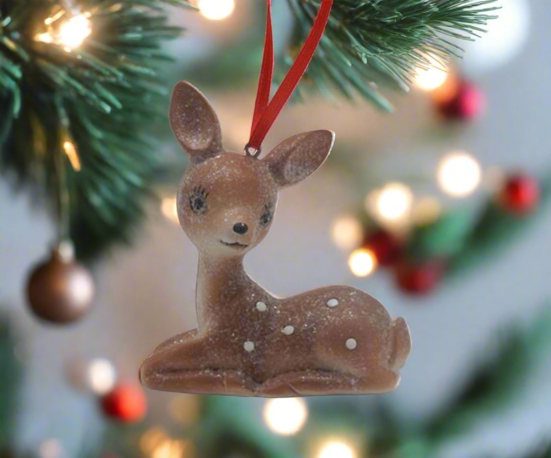 Christmas Retro Little Brown Spotted Deer Sitting Ornament 4" - The Primitive Pineapple Collection