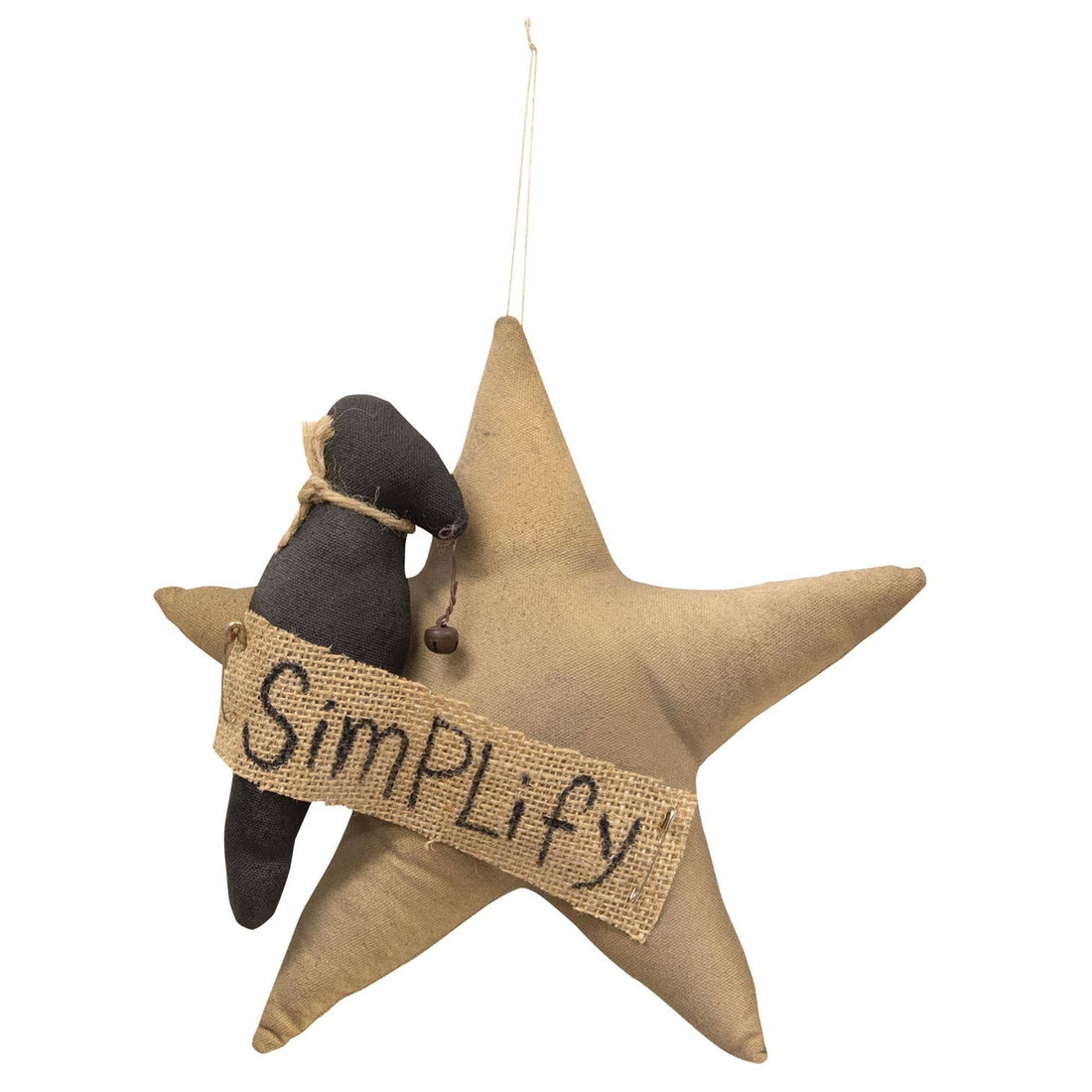 Primitive Farmhouse Simplify Fabric Star With Crow Hanging 9&quot;