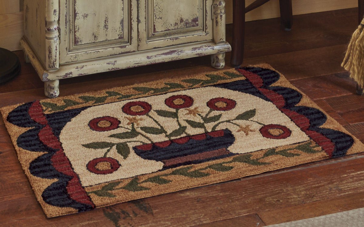 Primitive/Farmhouse Flower Basket Hooked Rug - 24" X 36" - The Primitive Pineapple Collection