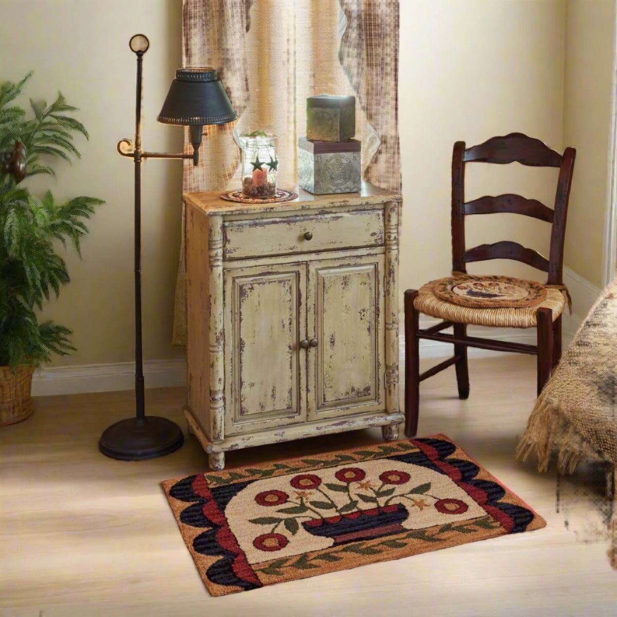 Primitive/Farmhouse Flower Basket Hooked Rug - 24" X 36" - The Primitive Pineapple Collection