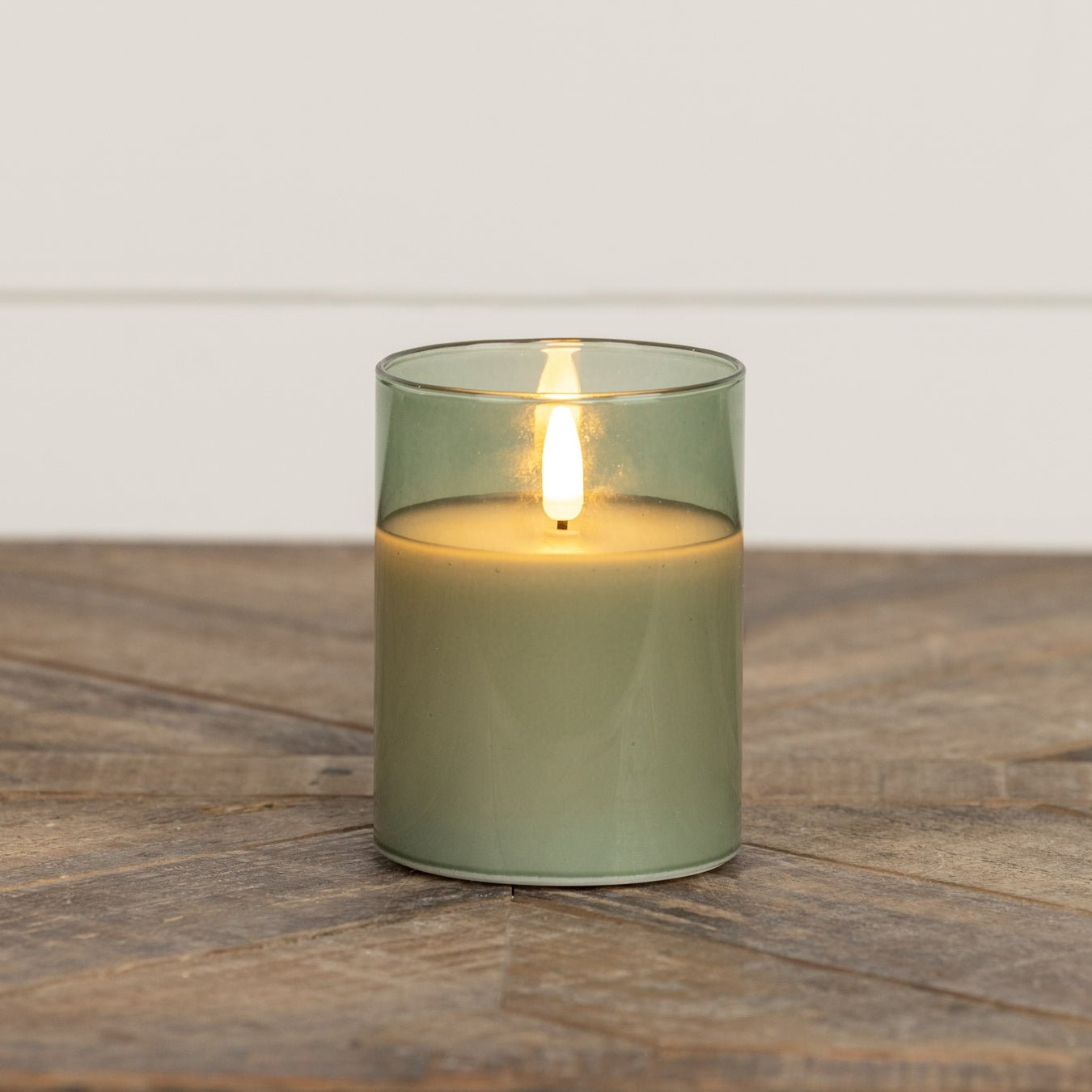 Primitive Ragon House 4" Green Glass Jar 3D Flame Battery Candle 6hr Timer - The Primitive Pineapple Collection