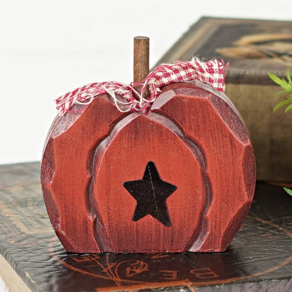 Primitive Rustic Halloween 4.5" Chunky Wood Pumpkin w/Star Shelf Sitter - The Primitive Pineapple Collection