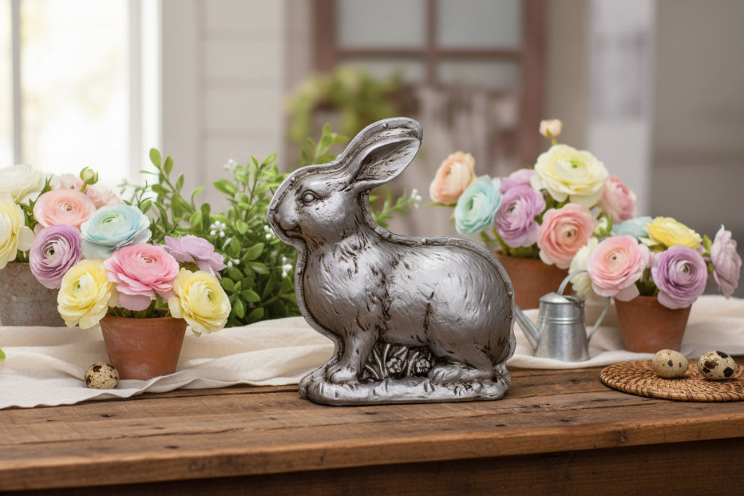 Primitive Farmhouse Spring Silver Bunny Faux Chocolate Mold Sitter 6.5" - The Primitive Pineapple Collection