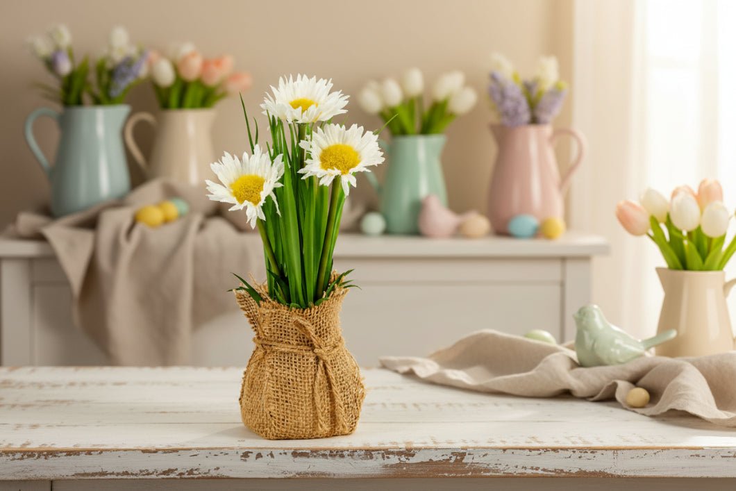 Farmhouse Spring 8" Daisy In Burlap Sack - The Primitive Pineapple Collection
