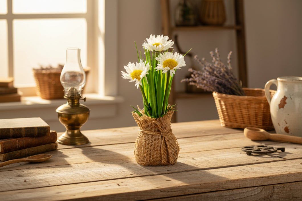 Farmhouse Spring 8" Daisy In Burlap Sack - The Primitive Pineapple Collection