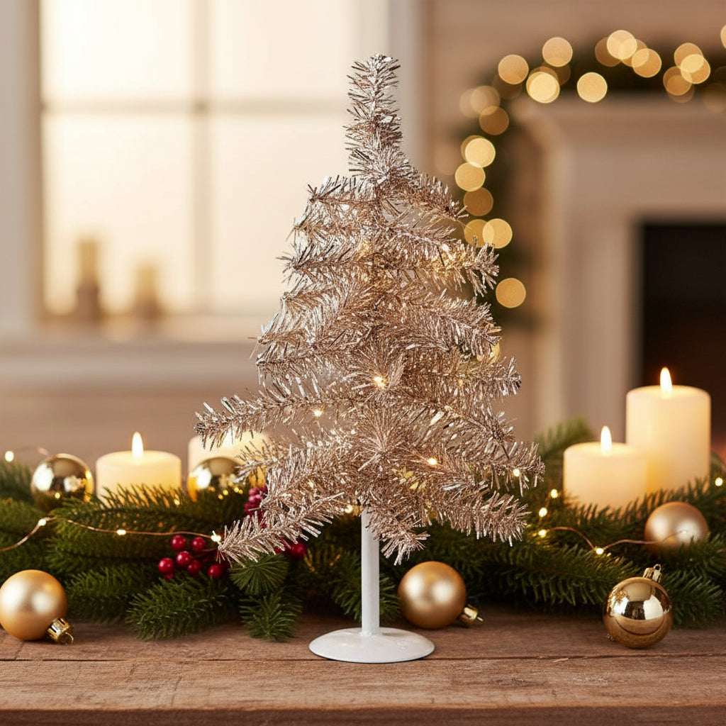 Primitive Christmas Retro Looking Snazzy Champagne Tinsel Tree 16" - The Primitive Pineapple Collection