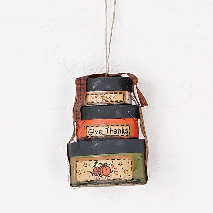 Primitive Fall/ Thanksgiving Stacked Pumpkin Give Thanks Shaker Box Ornament 4"x3" - The Primitive Pineapple Collection