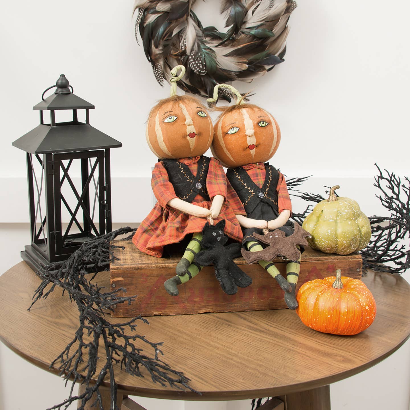 Halloween Folk Art Joe Spencer Nelly Pumpkin Bow w/ Cat Doll - The Primitive Pineapple Collection