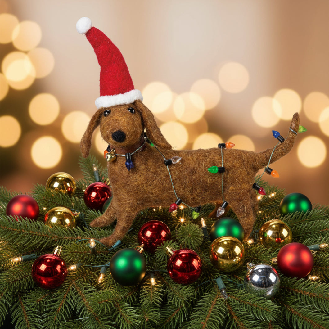 Primitive Felt Dachshund and Lights Critter Holiday Ornament