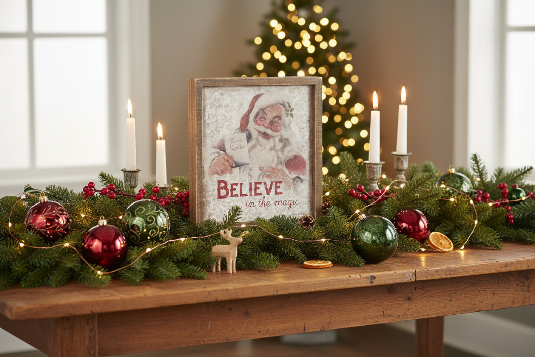 Primitive Retro Christmas Framed Believe In The Magic Inset Box Sign 12" - The Primitive Pineapple Collection