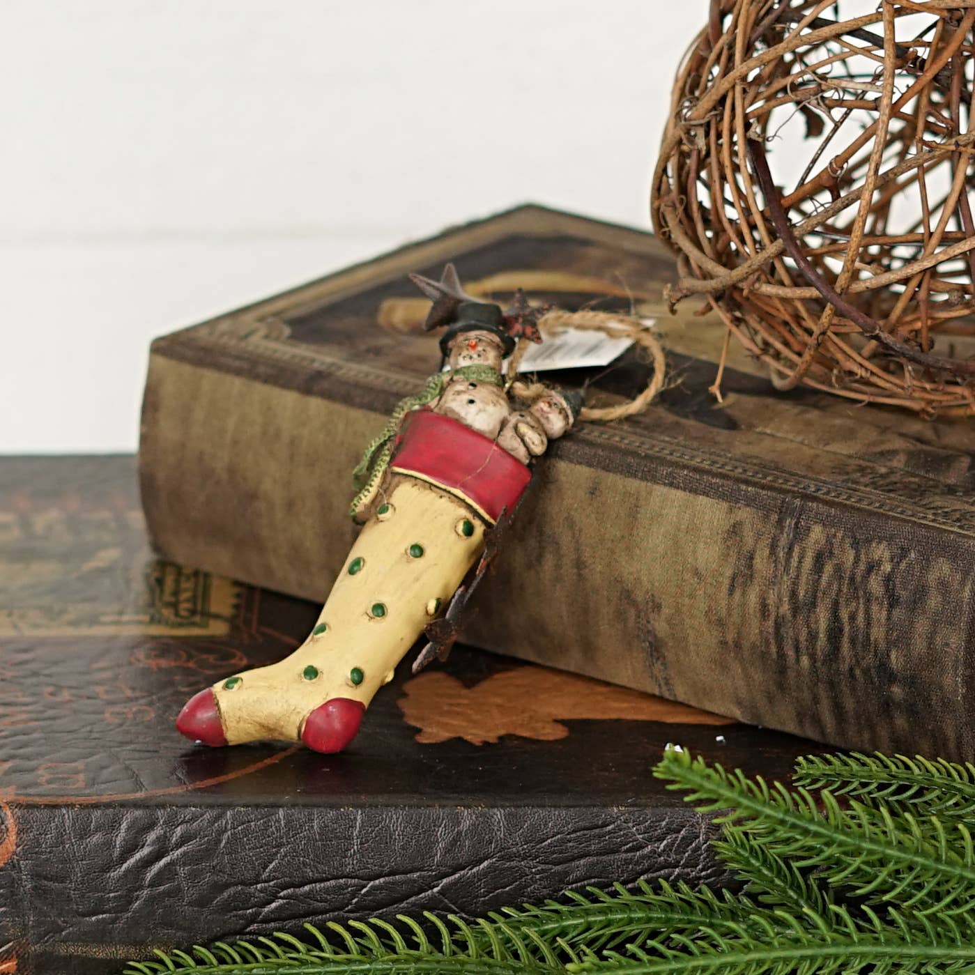 Primitive Christmas Old World Stocking w/ Snowmen Ornament 4.5" - The Primitive Pineapple Collection