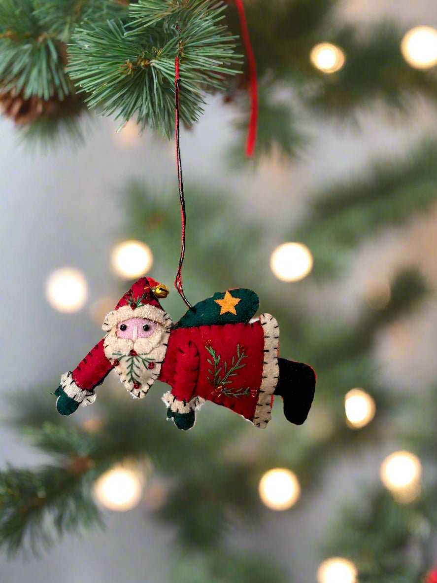 Primitive Christmas Handcrafted Felt 3.5” Santa w/ Green Toy Sack Ornament - The Primitive Pineapple Collection