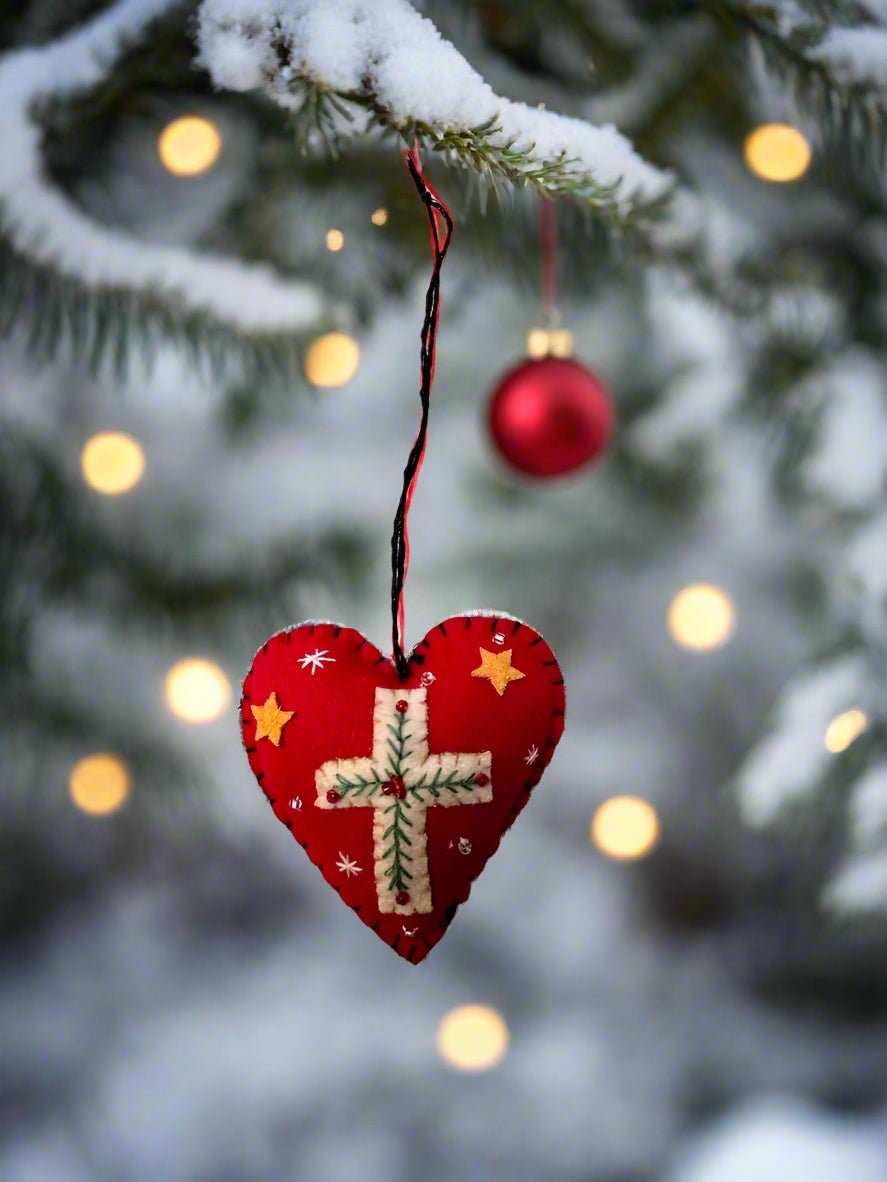 Primitive Christmas Handcrafted Felt 3” Red Heart w/ Cross Ornament - The Primitive Pineapple Collection