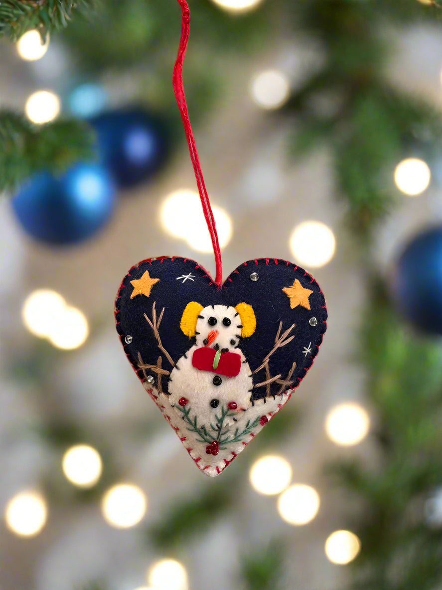 Primitive Christmas Handcrafted Felt 3” Blue Heart with Snowman Ornament - The Primitive Pineapple Collection