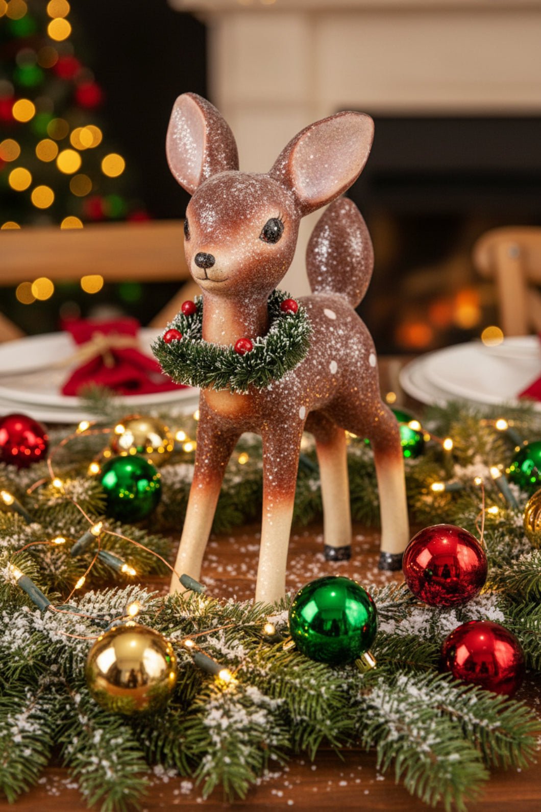 Primitive Retro Christmas Reindeer Figurine with Bottle Brush Wreath 9.25" - The Primitive Pineapple Collection