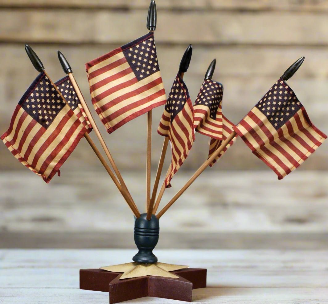 Colonial Patriotic Star Flag Finial With Flags Table Top Decor - The Primitive Pineapple Collection
