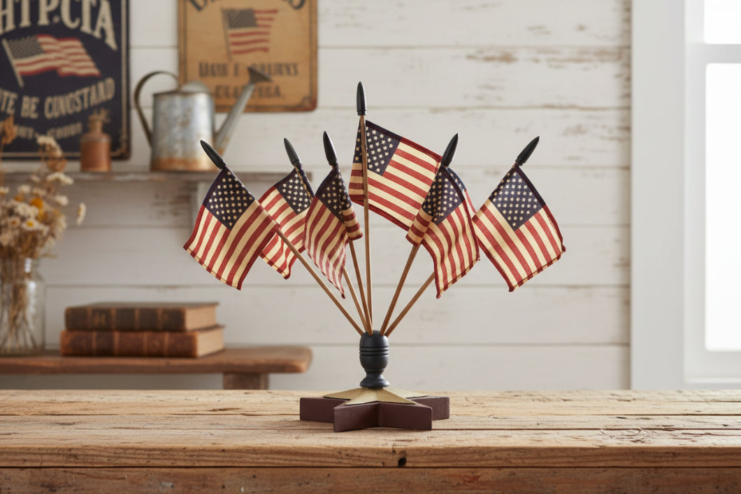 Colonial Patriotic Star Flag Finial With Flags Table Top Decor - The Primitive Pineapple Collection