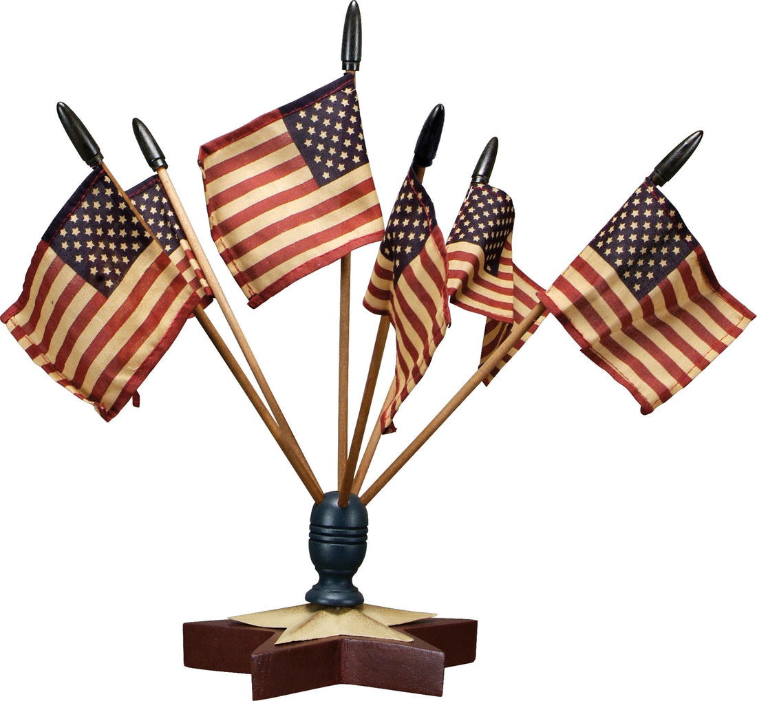 Colonial Patriotic Star Flag Finial With Flags Table Top Decor