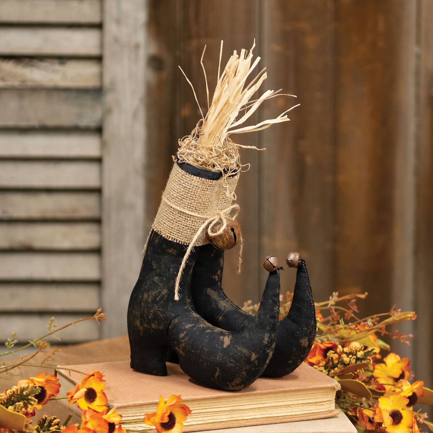 Primitive Halloween Witch Boots with Rusty Bell 11" - The Primitive Pineapple Collection
