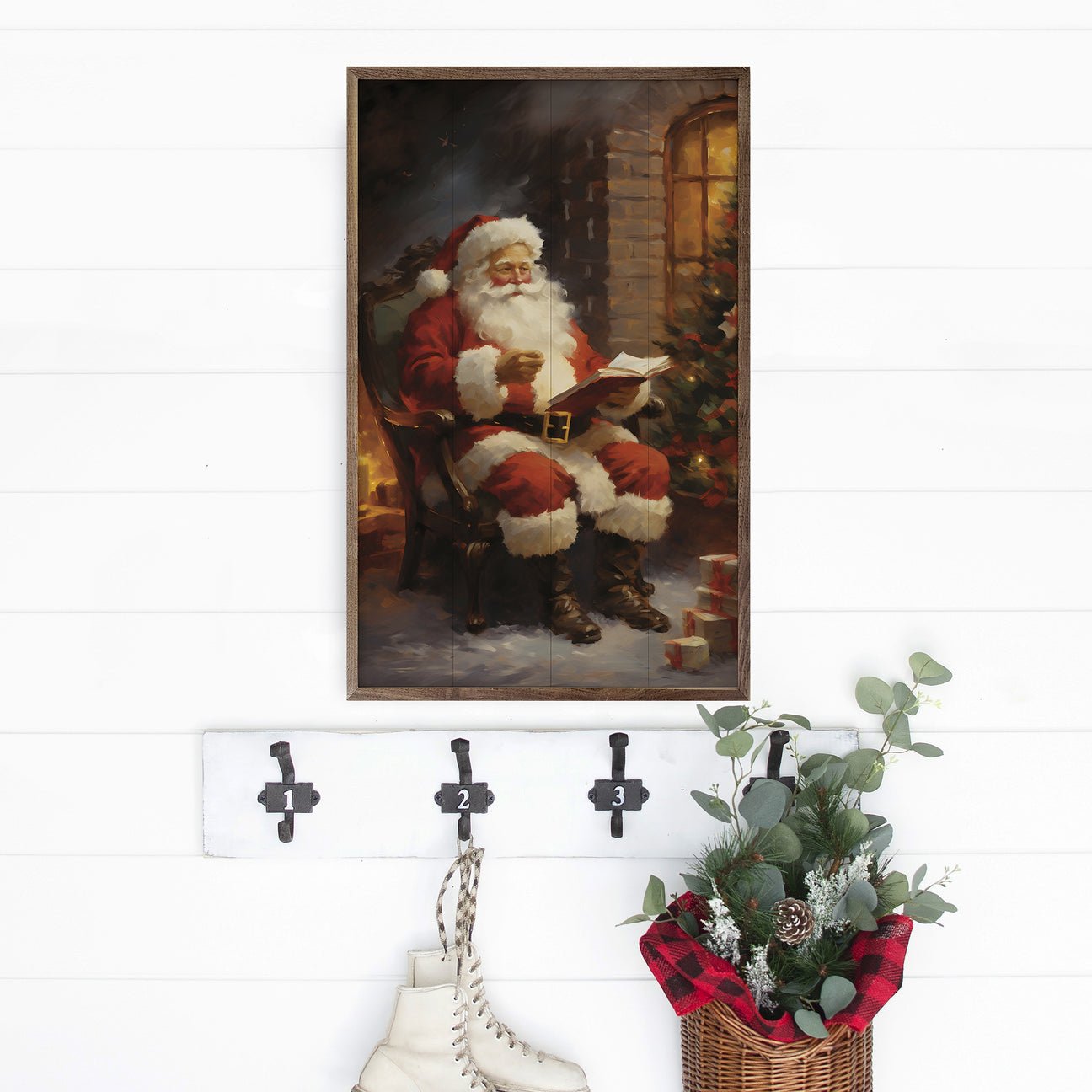 Handcrafted Walnut Framed Christmas Kris Kringle by the Fire Art - The Primitive Pineapple Collection
