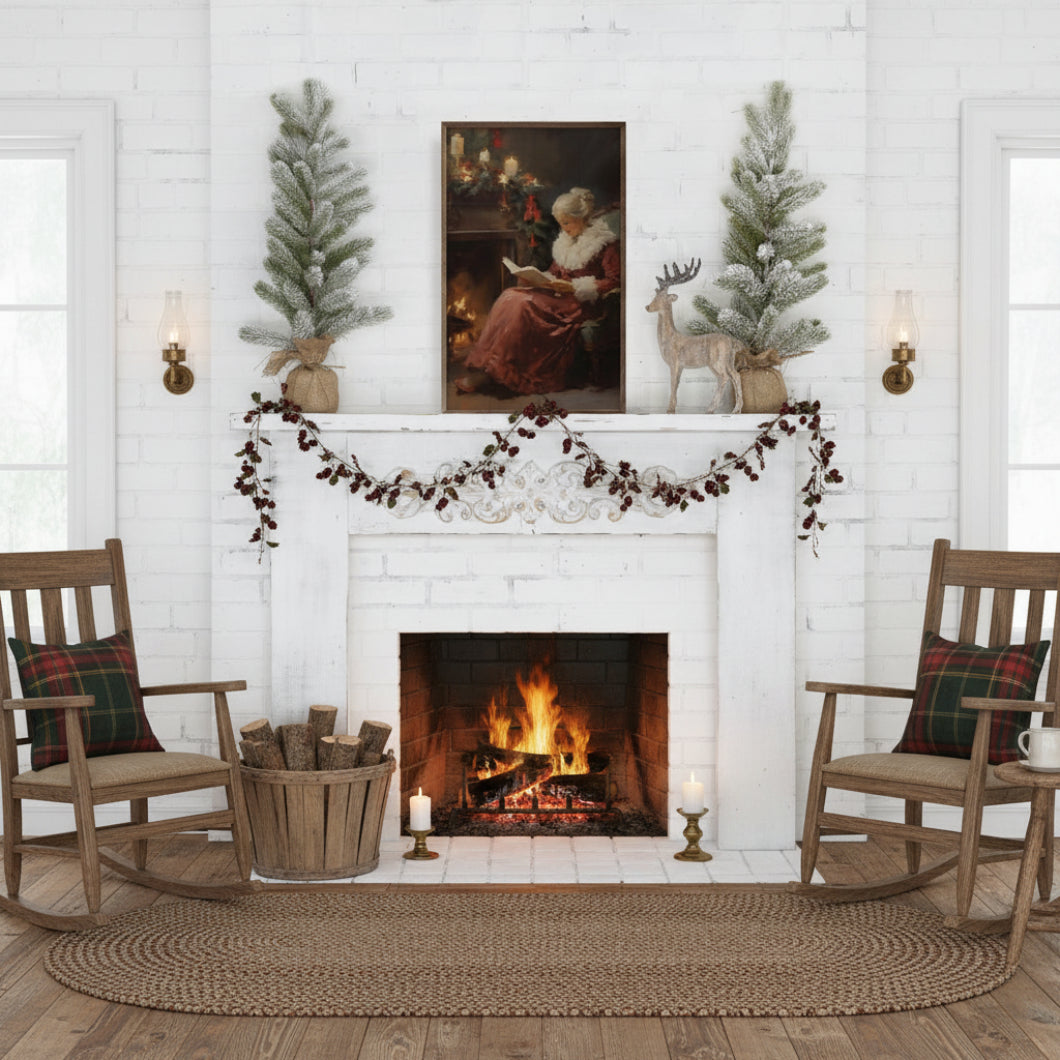 Handcrafted Walnut Framed Christmas Mrs Kris Kringle by the Fire Art - The Primitive Pineapple Collection