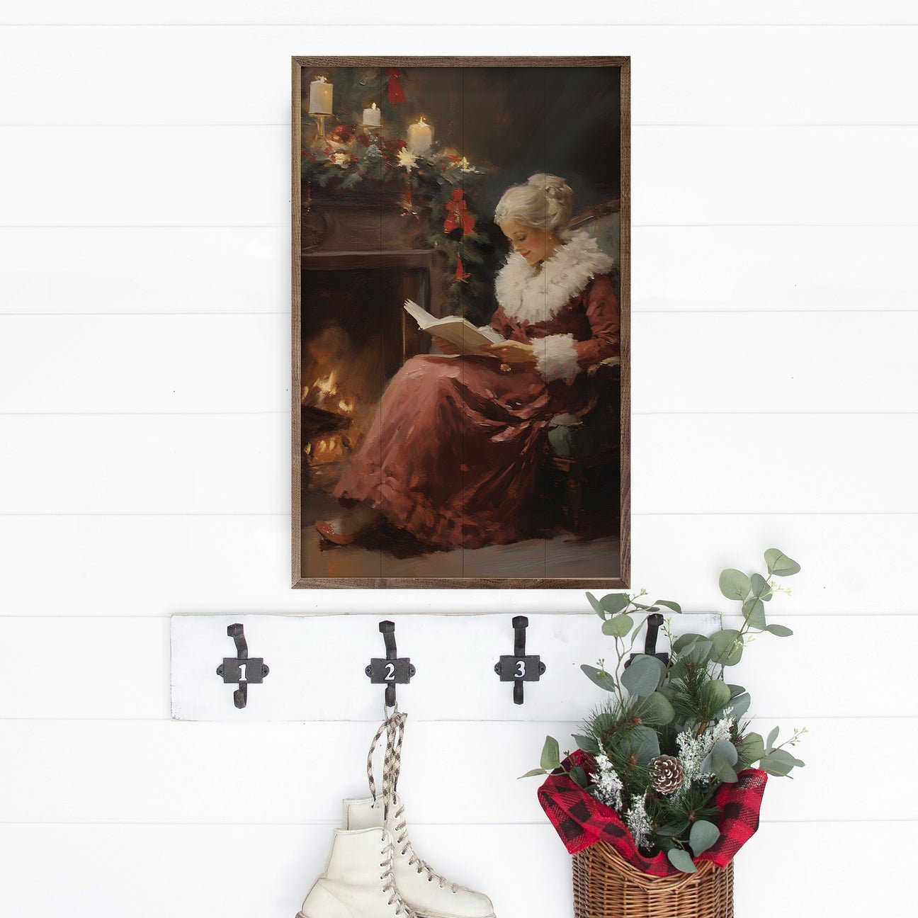 Handcrafted Walnut Framed Christmas Mrs Kris Kringle by the Fire Art - The Primitive Pineapple Collection