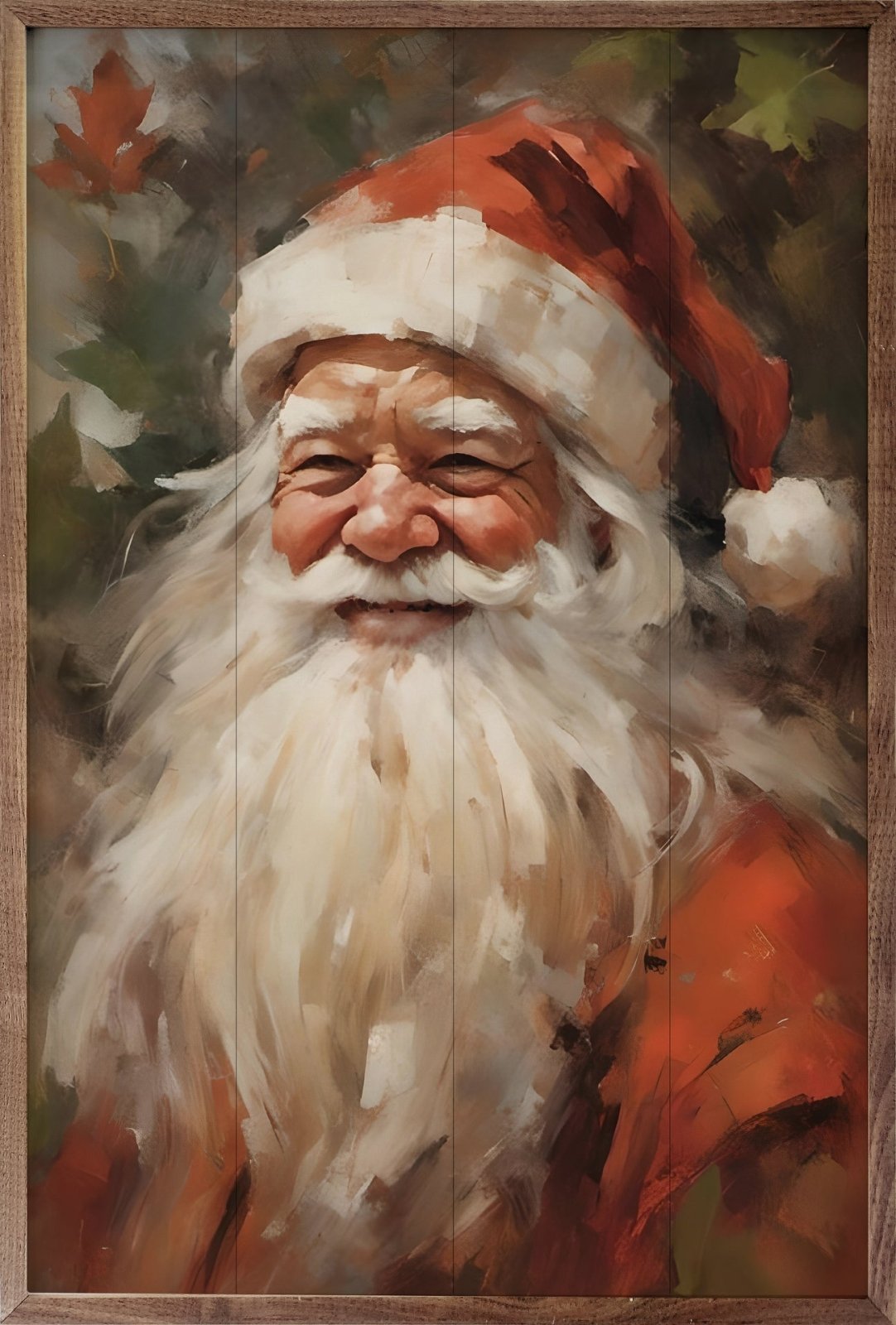 Handcrafted Walnut Framed Christmas Classic Santa Portrait In Red Art - The Primitive Pineapple Collection