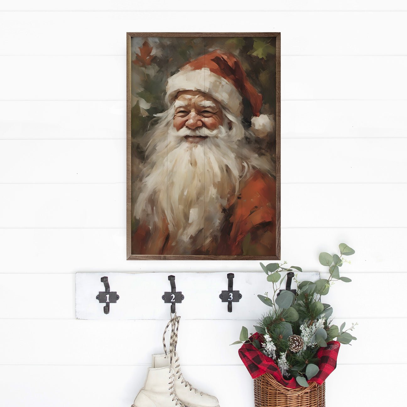Handcrafted Walnut Framed Christmas Classic Santa Portrait In Red Art - The Primitive Pineapple Collection