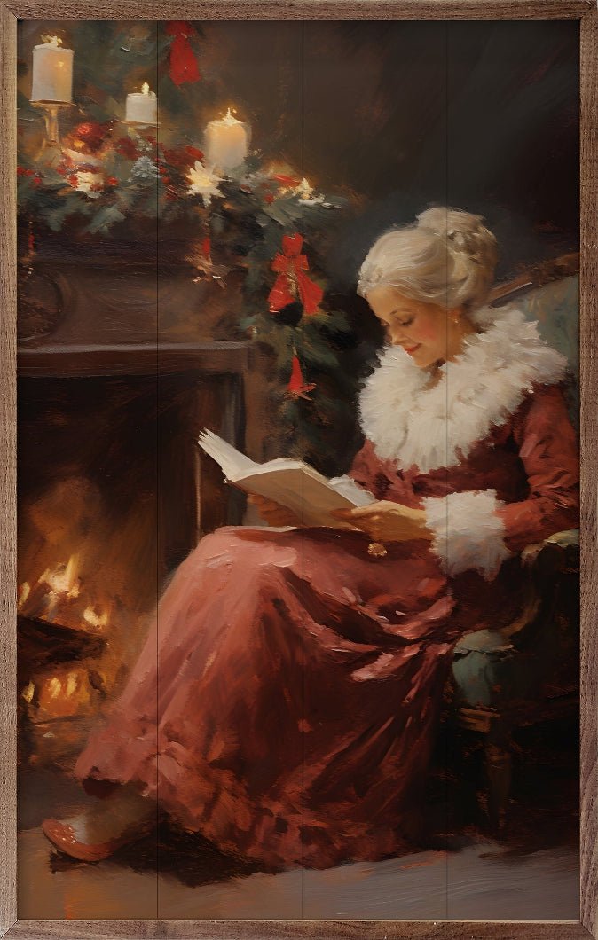 Handcrafted Walnut Framed Christmas Mrs Kris Kringle by the Fire Art - The Primitive Pineapple Collection
