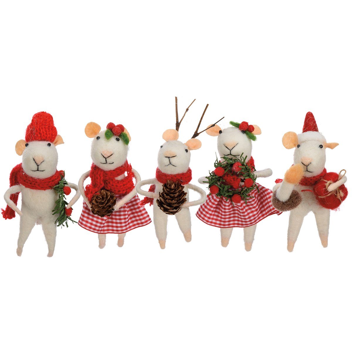 Primitive Christmas 5 pc Felt Mouse Family Ornament Set - The Primitive Pineapple Collection