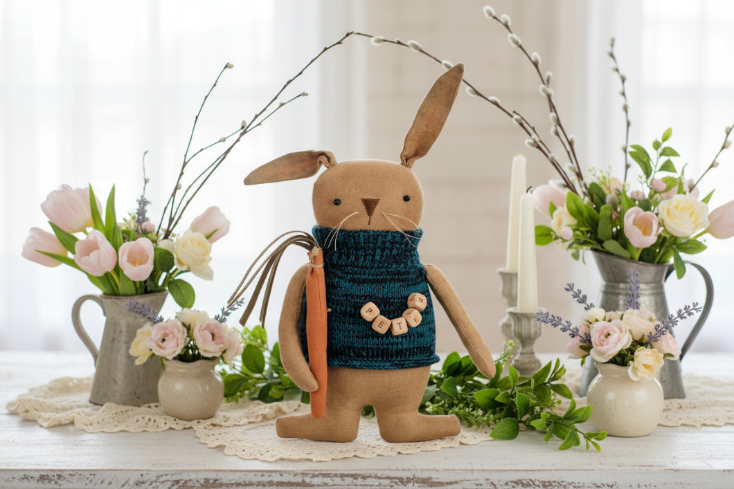 Primitive Spring Easter Peter Rabbit Doll w/ Carrot 12" - The Primitive Pineapple Collection