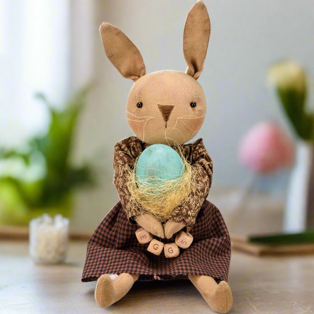 Primitive Spring Easter Bunny Girl Doll w/Egg 13" - The Primitive Pineapple Collection