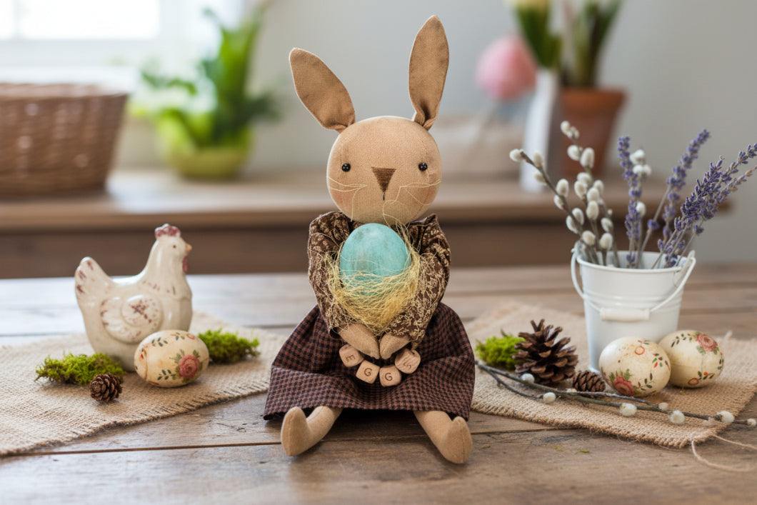 Primitive Spring Easter Bunny Girl Doll w/Egg 13" - The Primitive Pineapple Collection