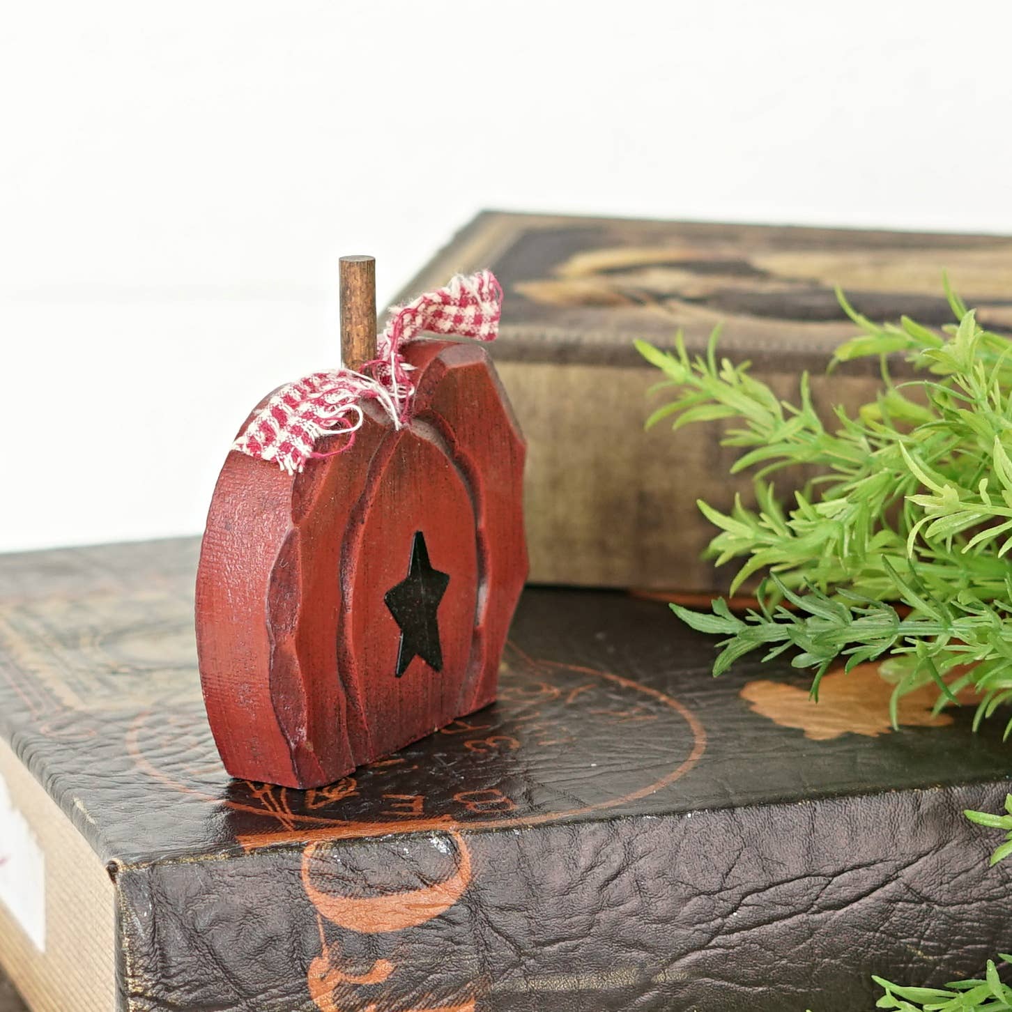 Primitive Rustic Halloween 4.5" Chunky Wood Pumpkin w/Star Shelf Sitter - The Primitive Pineapple Collection