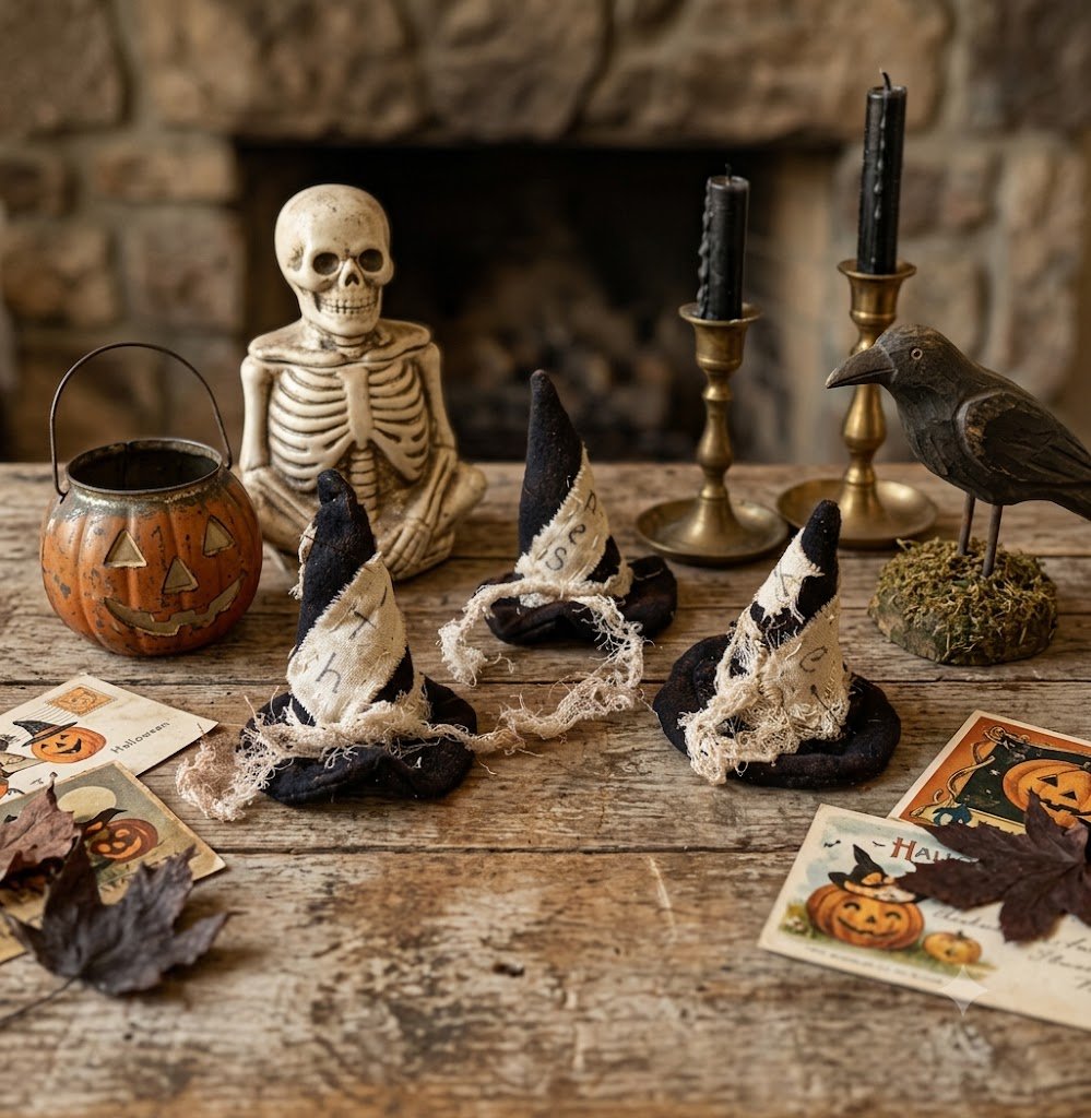 Fall Halloween Handcrafted 3 pc 4"Cinnamon Dusted Witch Hats Bowl Filler - The Primitive Pineapple Collection
