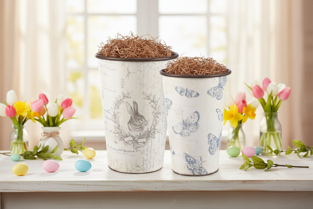 Primitive Spring Rabbit Crest And Butterflies Bucket Set 2 pc - The Primitive Pineapple Collection
