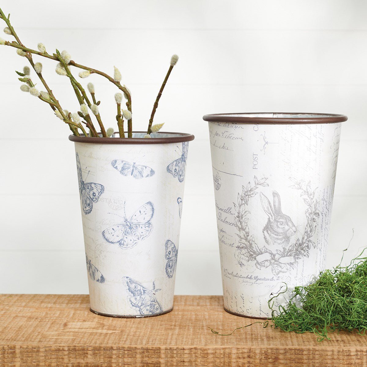 Primitive Spring Rabbit Crest And Butterflies Bucket Set 2 pc - The Primitive Pineapple Collection