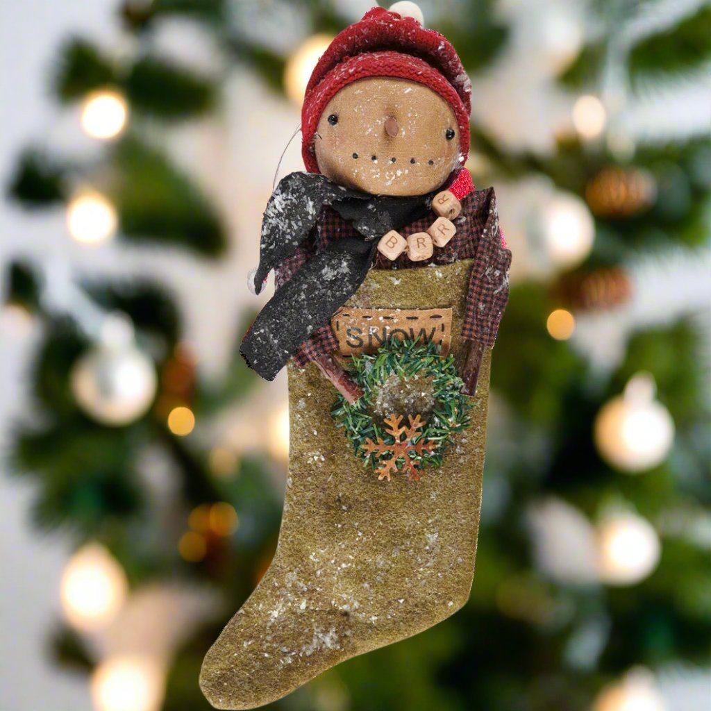 Primitive Country Christmas Snowy Snowman Doll in Stocking w/ Wreath - The Primitive Pineapple Collection