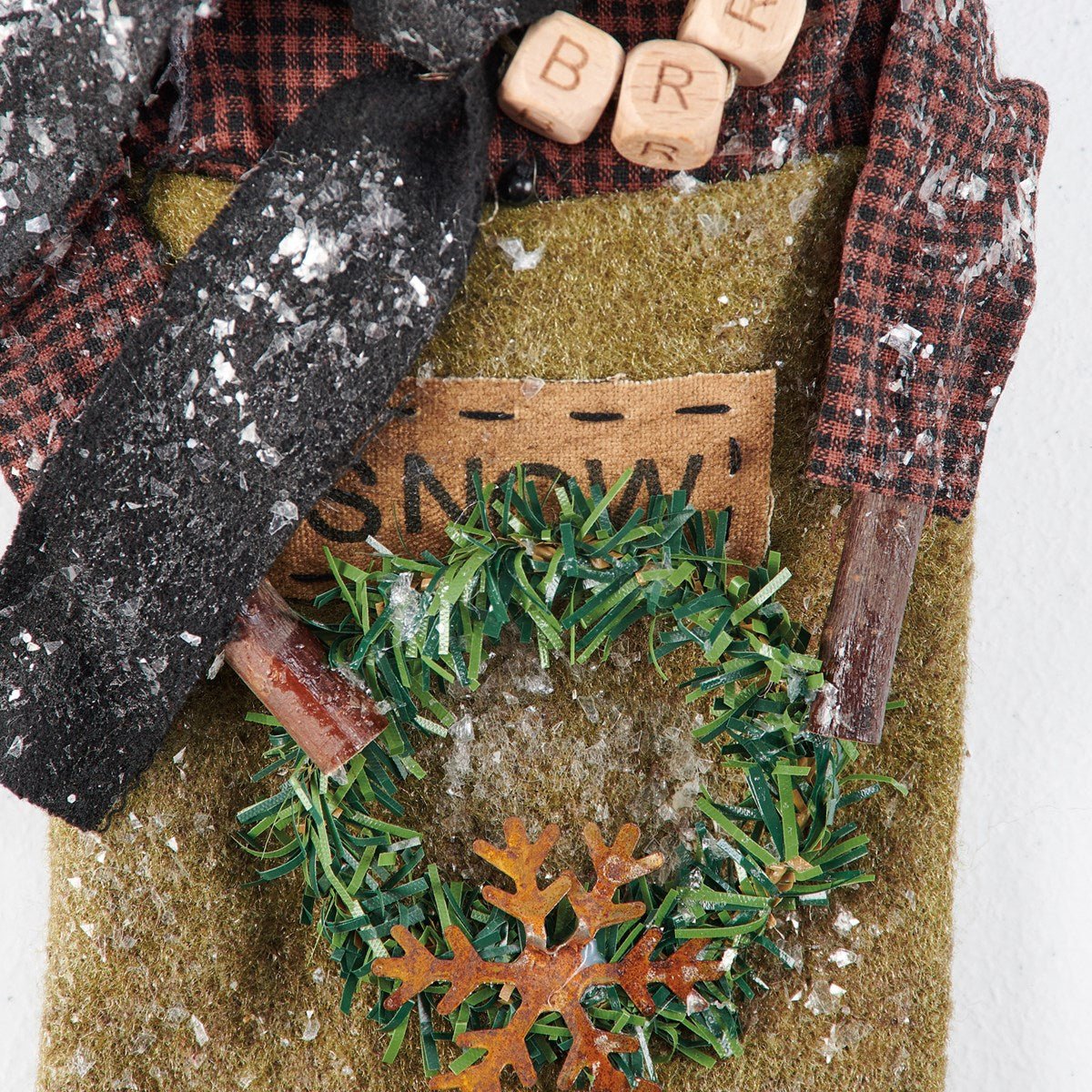 Primitive Country Christmas Snowy Snowman Doll in Stocking w/ Wreath - The Primitive Pineapple Collection