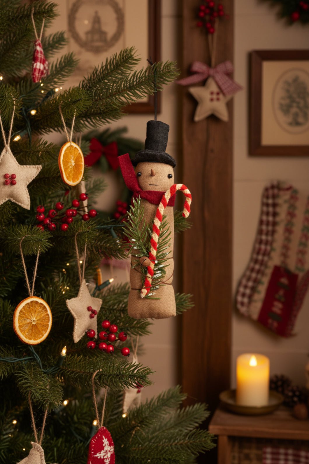 Primitive Farmhouse Christmas 7.5" Skinny Snowman Doll w/ Candy Cane Hanger - The Primitive Pineapple Collection