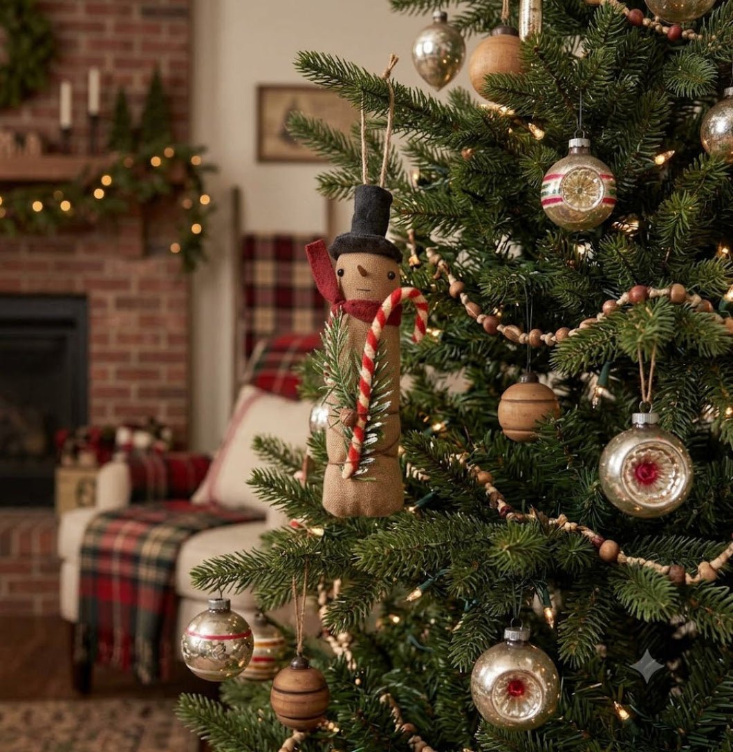 Primitive Farmhouse Christmas 7.5" Skinny Snowman Doll w/ Candy Cane Hanger - The Primitive Pineapple Collection