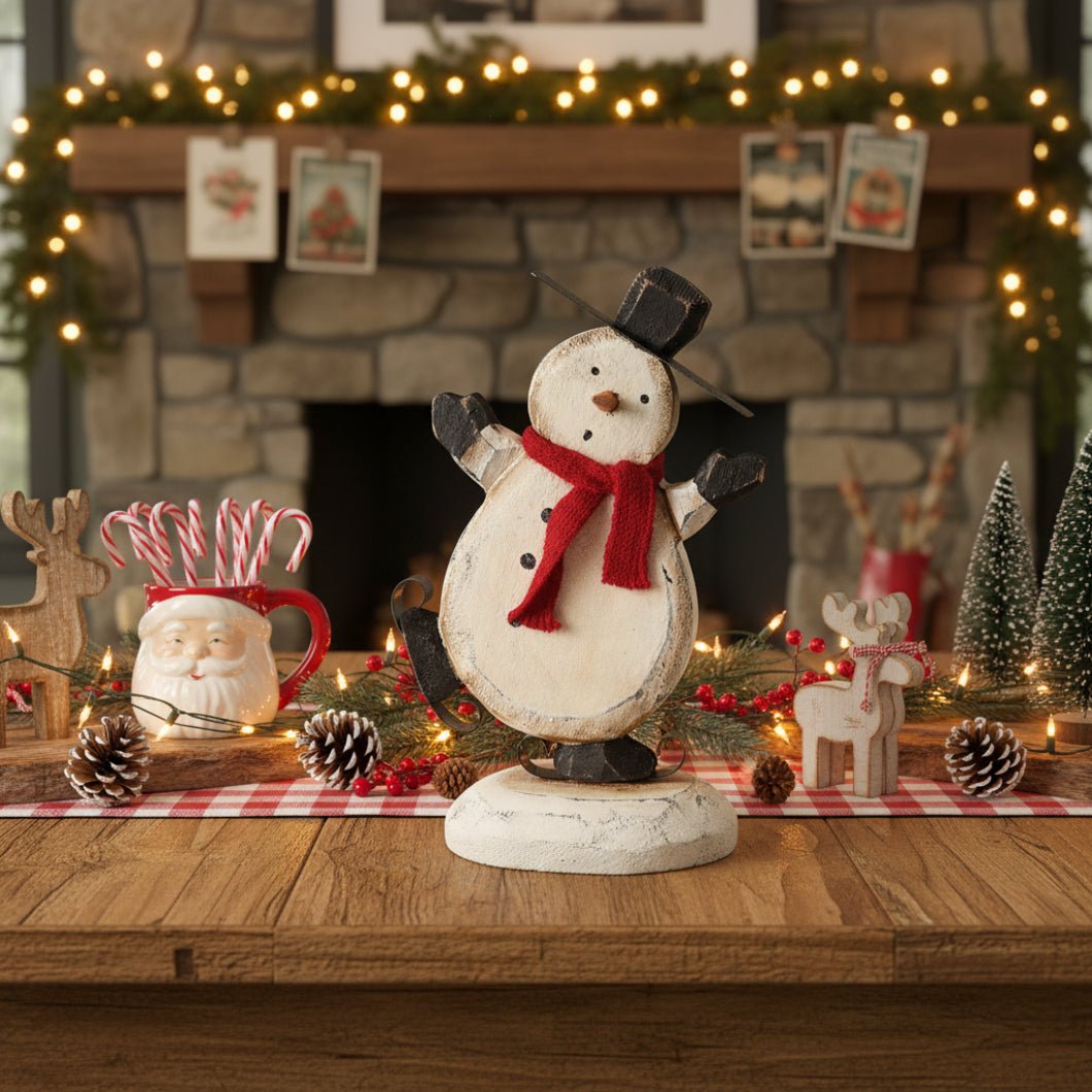 Primitive Christmas Wood Snowman w/ Scarf Skate Chunky Sitter - The Primitive Pineapple Collection
