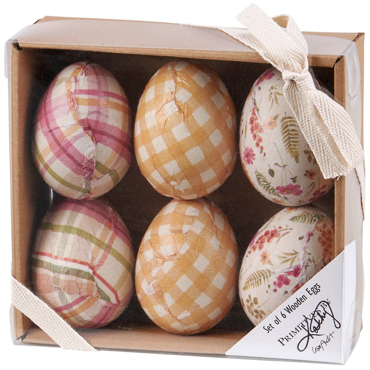 Primitive Spring Easter Life Size Gingham Wooden Eggs 6 pc - The Primitive Pineapple Collection