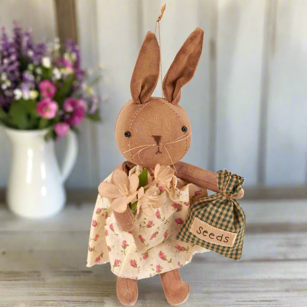 Primitive Spring Easter Girl Bunny Doll w/ Seed Pouch Ornament - The Primitive Pineapple Collection