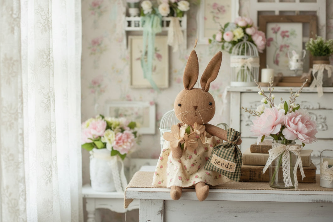 Primitive Spring Easter Girl Bunny Doll w/ Seed Pouch Ornament - The Primitive Pineapple Collection