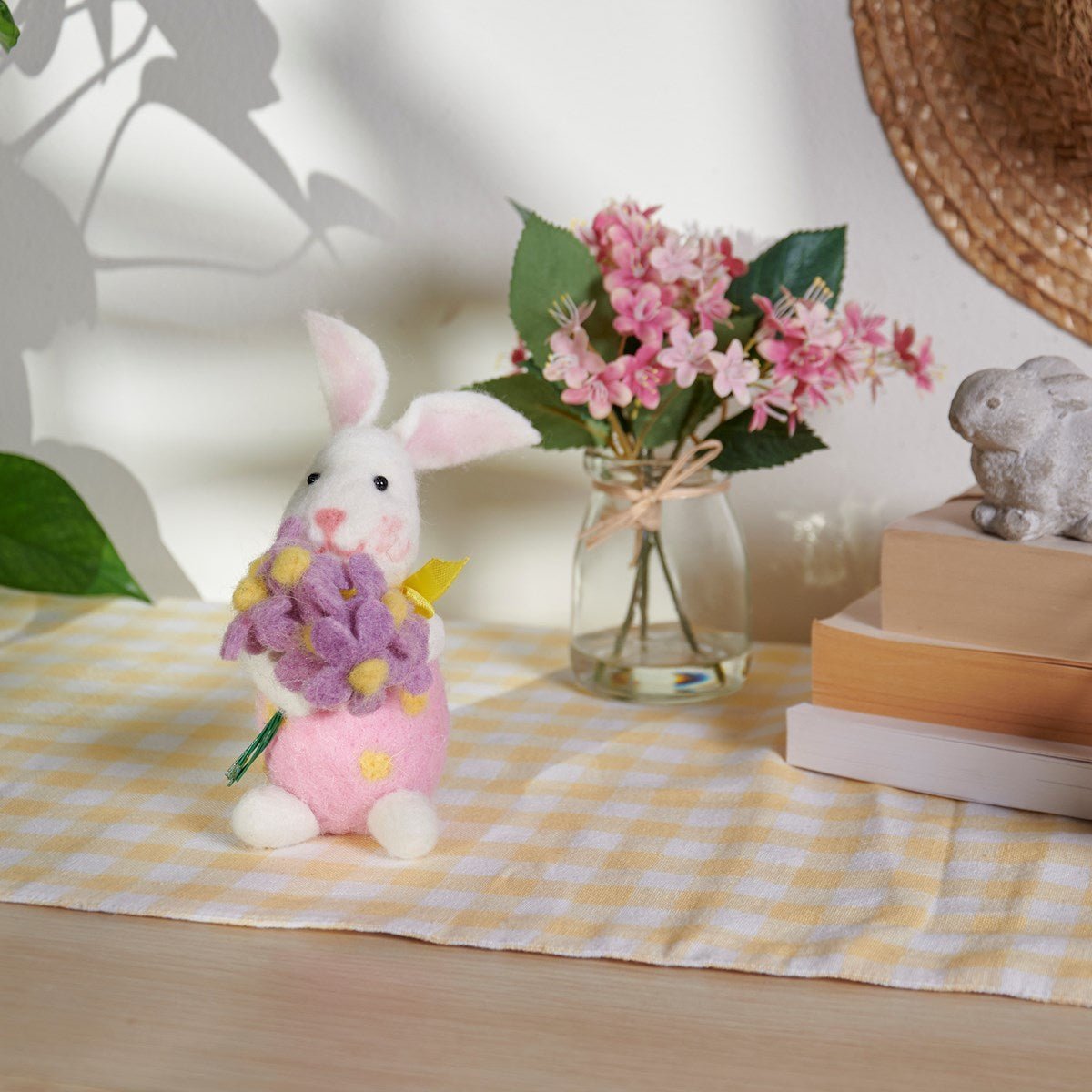 Primitive Farmhouse Felt Spring Easter Bunny With Flower Bouquet - The Primitive Pineapple Collection