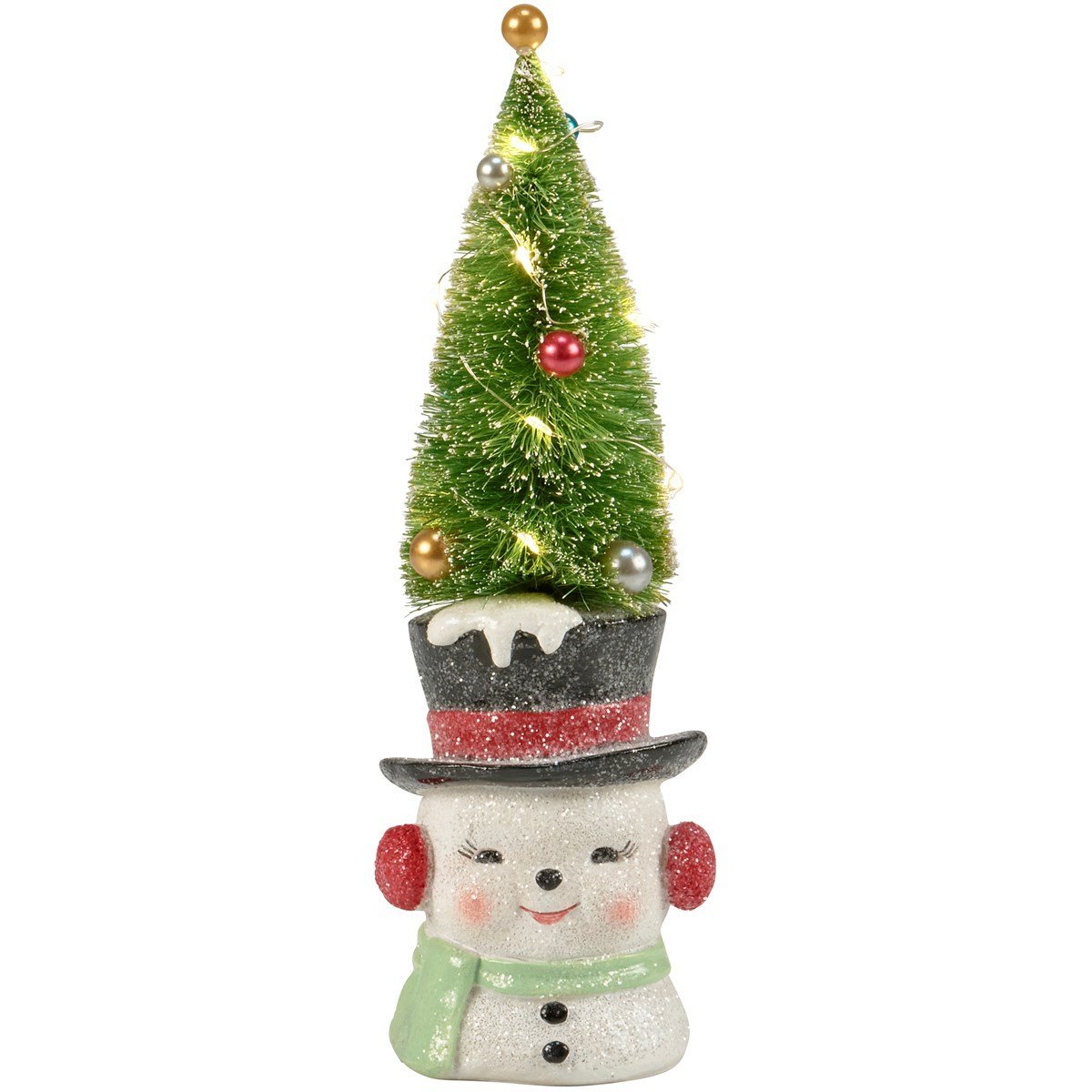 Christmas Retro Look Light Up Top Hat Snowman w/ Bottle Brush Tree Figurine 10.25" - The Primitive Pineapple Collection