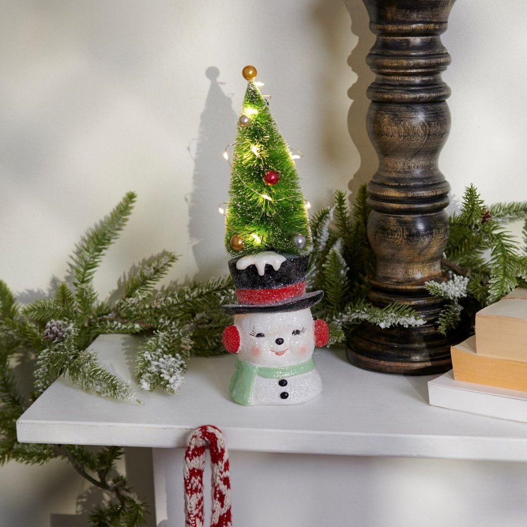 Christmas Retro Look Light Up Top Hat Snowman w/ Bottle Brush Tree Figurine 10.25" - The Primitive Pineapple Collection