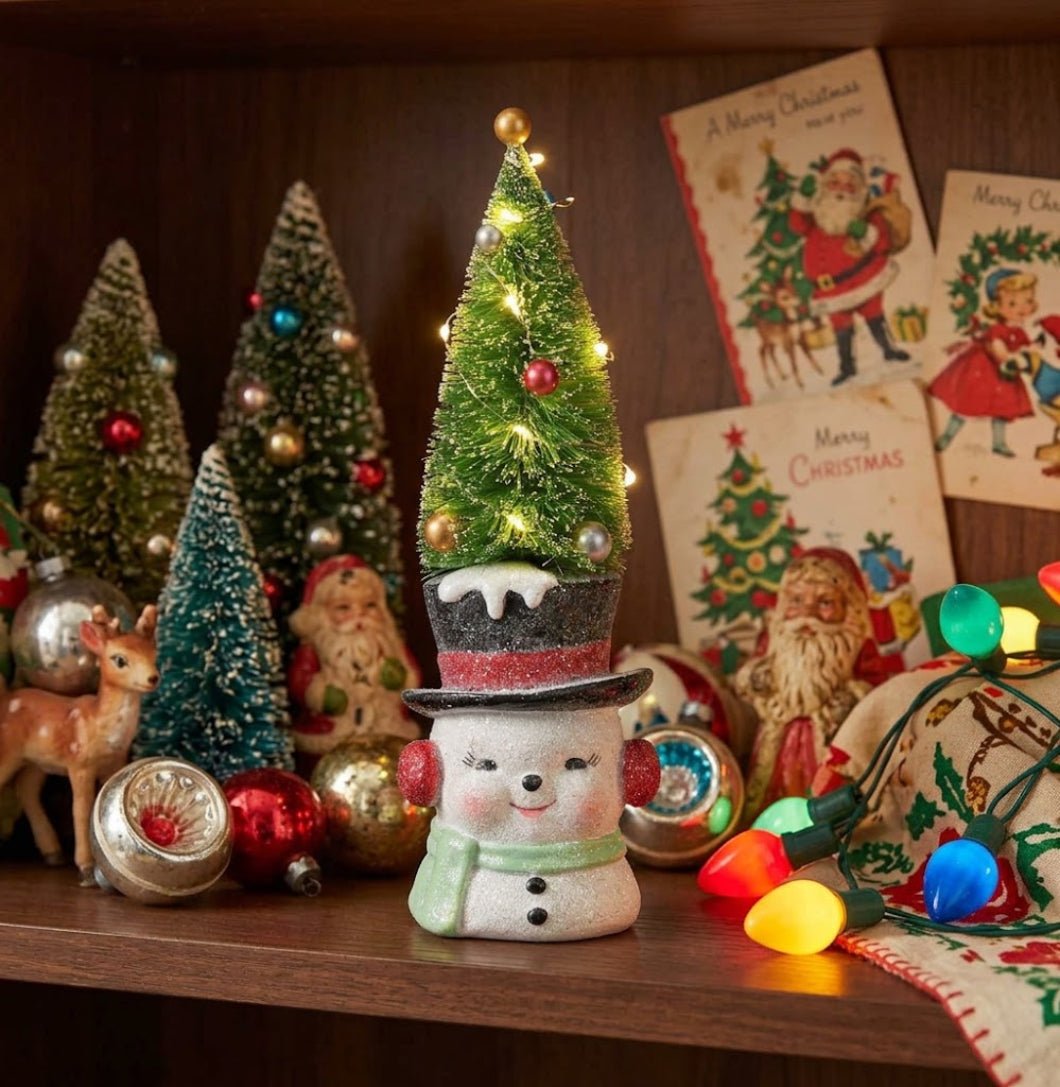 Light-Up Retro Snowman Figurine 10.25" | Top Hat & Bottle Brush Tree - The Primitive Pineapple Collection