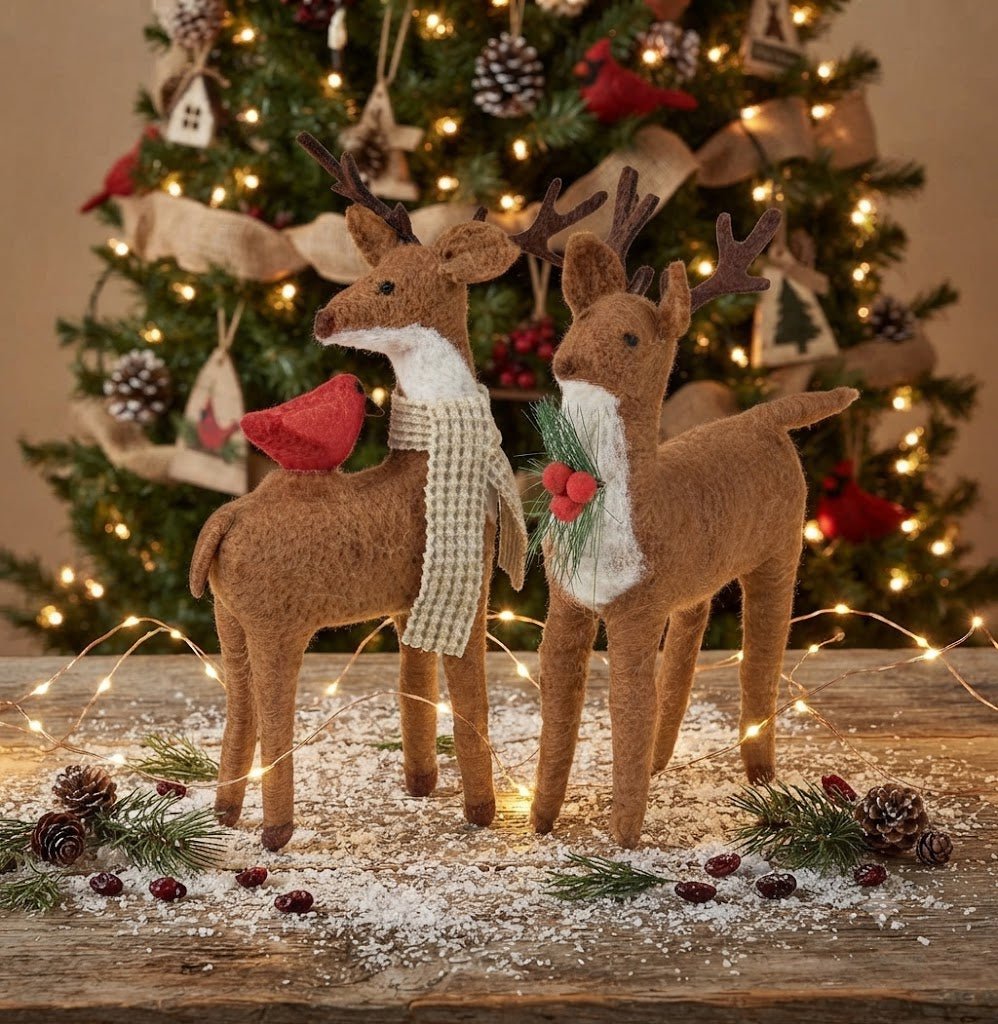 Primitive Country Christmas Felt Primitive Country Christmas Felt 2 pc Reindeer with Cardinal - The Primitive Pineapple Collection